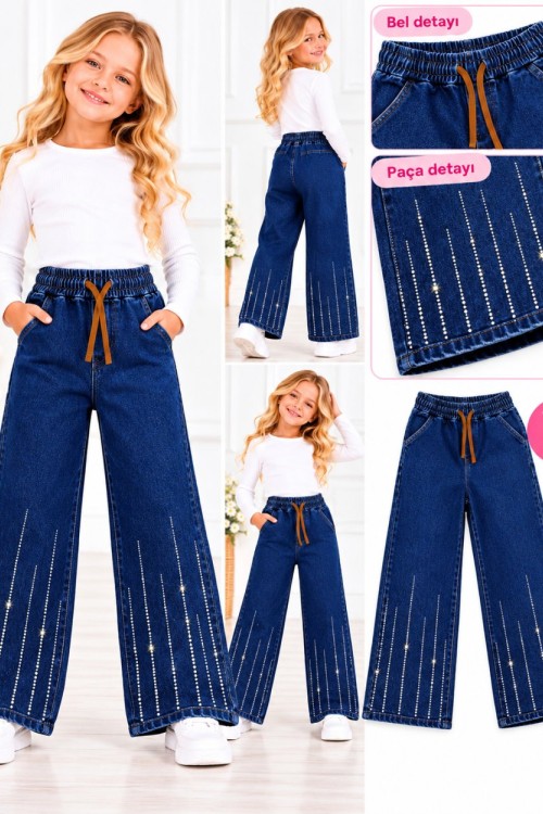 BEL LASTİKLİ PAÇALARI UZUN TAŞLI KOT PANTOLON  Koyu Mavi