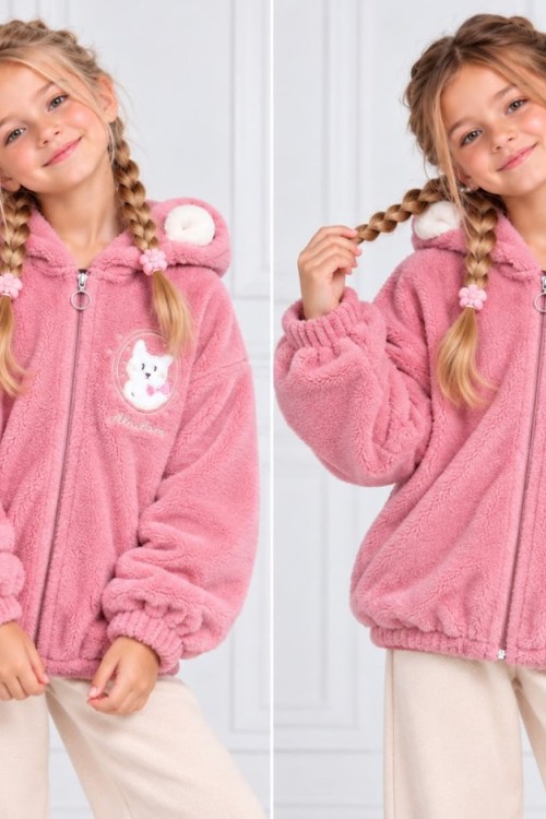 TAM FERMUAR KEDİ DESENLİ KAPŞONLU PELUŞ CEKET Pembe