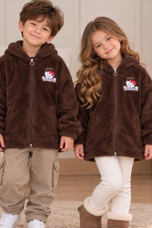 TAM FERMUAR HAPPY EVERYDAY YAZILI CEPLİ PELUŞ CEKET Acı Kahve