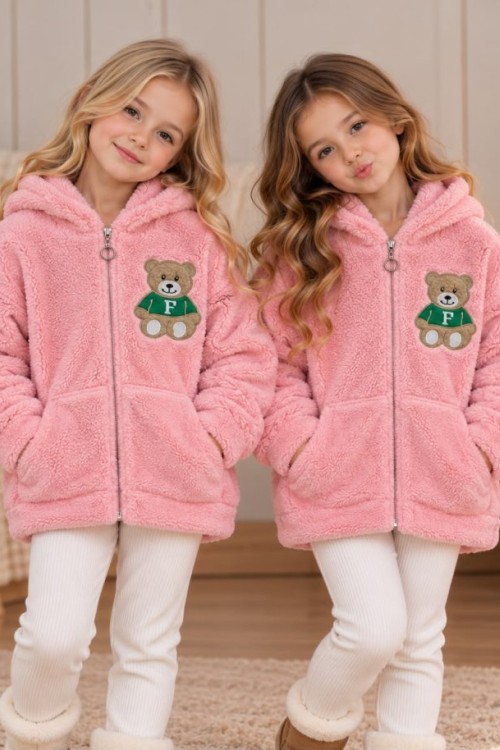 TAM FERMUAR F AYI BASKILI CEPLİ PELUŞ CEKET  Ekru Pembe