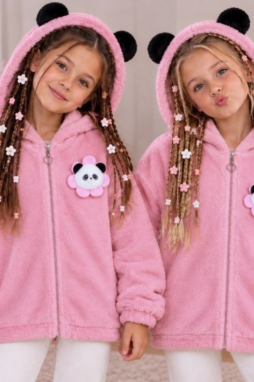 TAM FERMUAR ÇİÇEKLİ PANDA DESENLİ KAPŞONLU PELUŞ CEKET Pembe