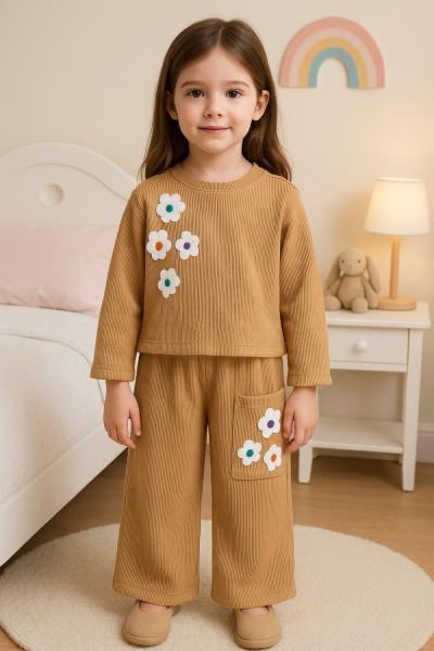 2 İP FİTİLLİ PAPATYA DETAYLI KIZ TAKIM Bej