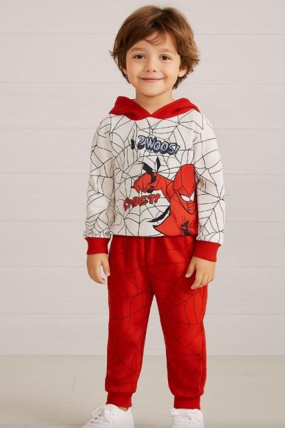 2 İP KAPŞONLU SPİDERMAN  ERKEK EŞOFMAN TAKIMI  Kırmızı