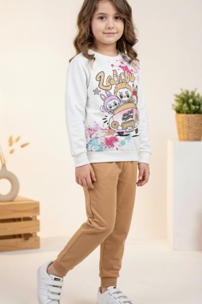 2 İP ŞARSONSUZ KIZ ARABALI LABUBU EŞOFMAN TAKİMİ Bej