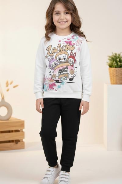 2 İP ŞARSONSUZ KIZ ARABALI LABUBU EŞOFMAN TAKİMİ Siyah