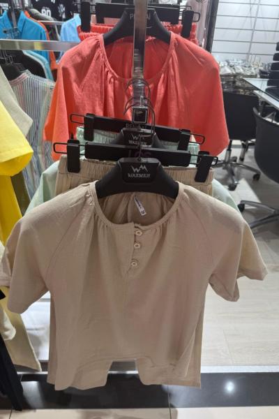 3 DÜĞMELİ GENİŞ YAKALI KETEN KIZ TAKIM  Nar Çiçeği