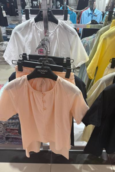 3 DÜĞMELİ GENİŞ YAKALI KETEN KIZ TAKIM  Beyaz