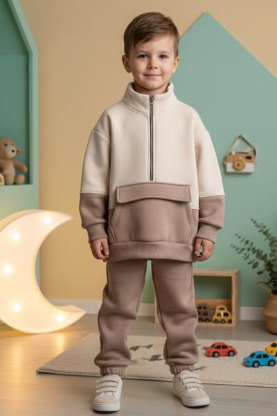 3  İP ŞARDONLU OVERSİZE YARIM FERMUAR EŞOFMAN TAKIMI  Bej