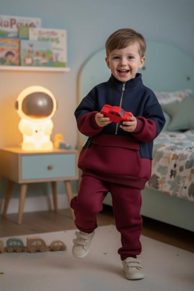 3  İP ŞARDONLU OVERSİZE YARIM FERMUAR EŞOFMAN TAKIMI  Lacivert Bordo