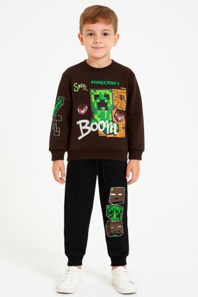 3 İP ŞARDONLU BOOM SURATLI MİNECRAFT EŞOFMAN TAKIMI Kahverengi