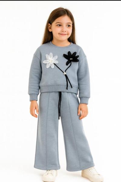 3 İP ŞARDONLU ÇİÇEK DETAYLI ÇİMALI KIZ TAKIM Gri