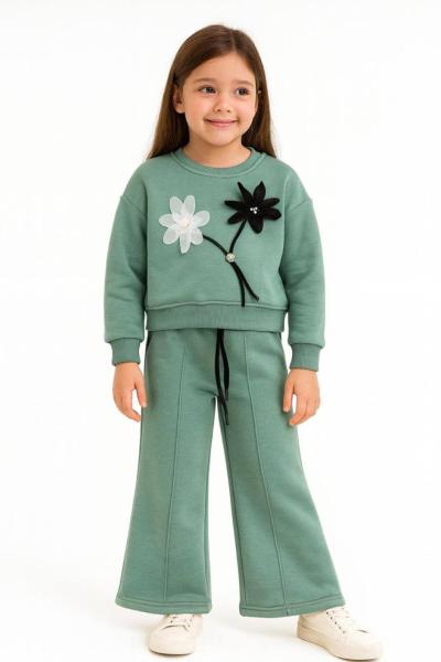 3 İP ŞARDONLU ÇİÇEK DETAYLI ÇİMALI KIZ TAKIM Yeşil