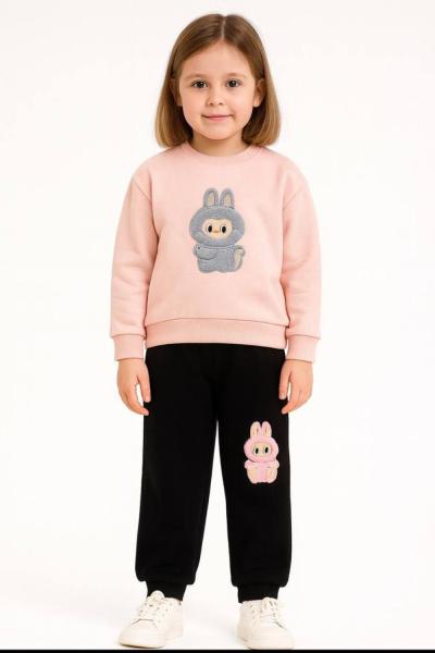 3 İP ŞARDONLU LABUBU ÜST NAKIŞ MAVİ DETAYLI TAKIM  Pudra