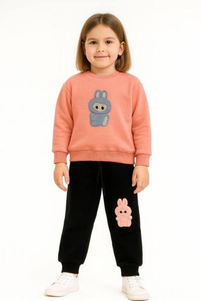 3 İP ŞARDONLU LABUBU ÜST NAKIŞ MAVİ DETAYLI TAKIM  Somon