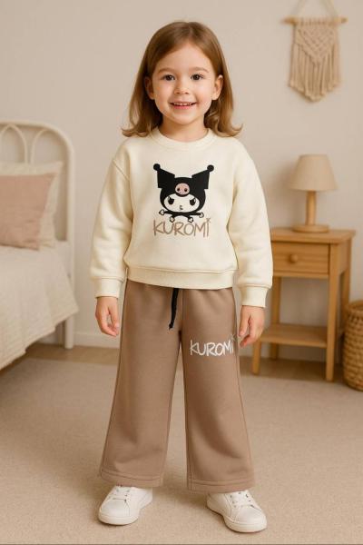 3 İP ŞARDONLU KUROMİ NAKIŞ DETAYLI KIZ TAKIM  Kahverengi