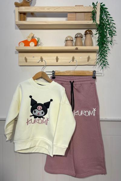 3 İP ŞARDONLU KUROMİ NAKIŞ DETAYLI KIZ TAKIM  Gül