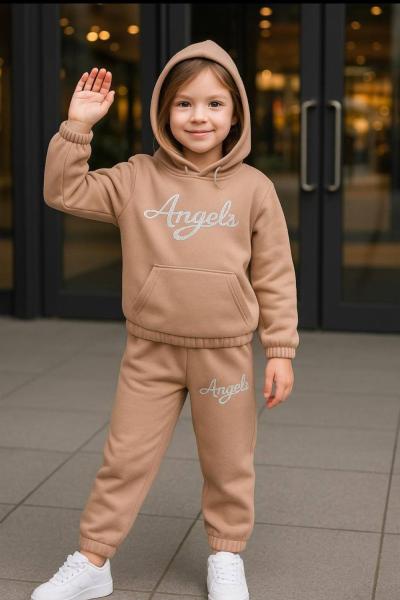 3 İP ŞARDONLU ANGEL KAPŞONLU EŞOFMAN TAKIMI  Bej