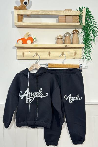 3 İP ŞARDONLU ANGEL KAPŞONLU EŞOFMAN TAKIMI  Siyah