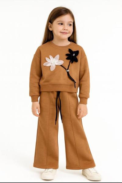 3 İP ŞARDONLU ÇİÇEK DETAYLI ÇİMALI KIZ TAKIM Kahverengi