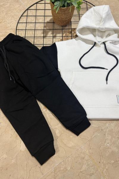 3 İP ŞARDONLU KAPŞONLU EŞOFMAN TAKIMI Siyah Beyaz