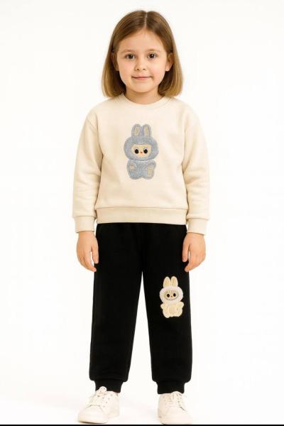 3 İP ŞARDONLU LABUBU ÜST NAKIŞ MAVİ DETAYLI TAKIM  Bej