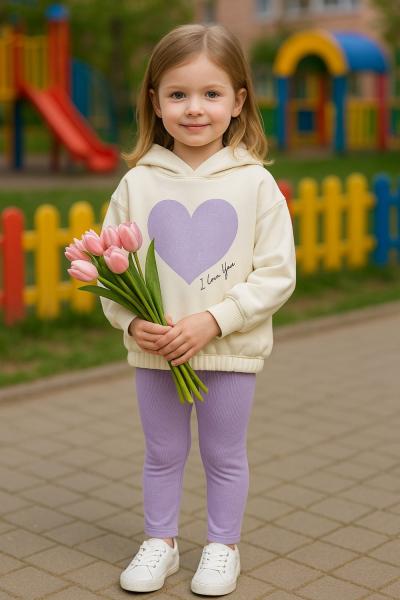 3 İP ŞARDONSUZ KALPLİ ÜST TAYTI DÜZ KIZ TAKIM Lila