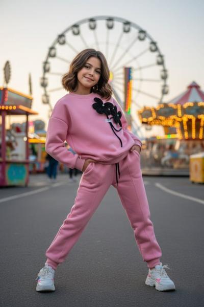 3 İP ŞARDONLU APLİKE ÇİÇEK EŞOFMAN TAKIMI  Pembe