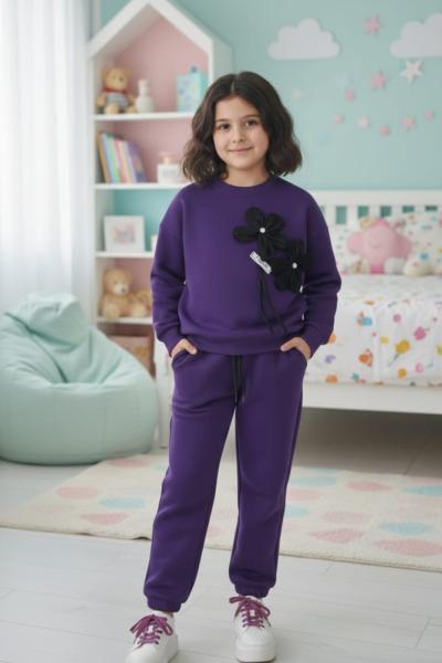 3 İP ŞARDONLU APLİKE ÇİÇEK EŞOFMAN TAKIMI  Mor