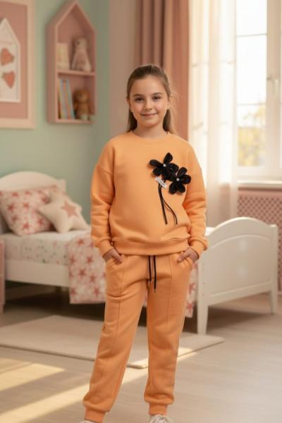 3 İP ŞARDONLU APLİKE ÇİÇEK EŞOFMAN TAKIMI  Turuncu