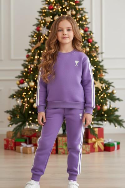 3 İP ŞARDONLU KOLLARI ŞERİTLİ A KALPLİ UNİSEX EŞOFMAN TAKIMI  Lila