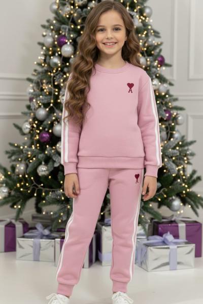 3 İP ŞARDONLU KOLLARI ŞERİTLİ A KALPLİ UNİSEX EŞOFMAN TAKIMI  Pembe