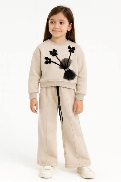 3 IP ŞARDONLU KELEBEK DETAYLI ÇİMALI KIZ TAKIM  Krem