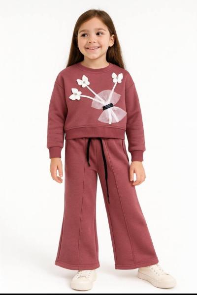 3 IP ŞARDONLU KELEBEK DETAYLI ÇİMALI KIZ TAKIM  Gül