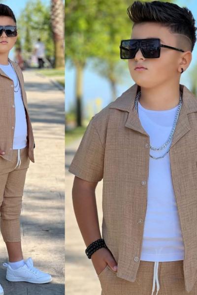 3 PARÇA YAKALI ALT UZUN KETEN ERKEK TAKIM  Kahverengi