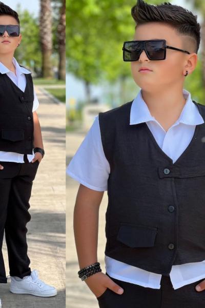 3 PARÇA YELEKLİ ALT UZUN ERKEK KETEN TAKIM  Siyah