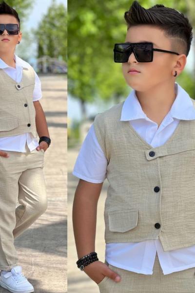 3 PARÇA YELEKLİ ALT UZUN ERKEK KETEN TAKIM  Beyaz