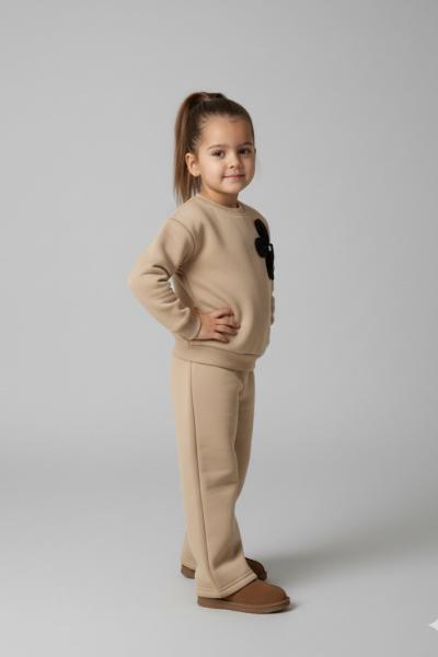 4 YAPRAKLI ÇİÇEK 3 İP ŞARDONLU KIZ TARZ TAKIM  Bej