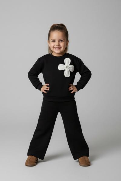 4 YAPRAKLI ÇİÇEK 3 İP ŞARDONLU KIZ TARZ TAKIM  Siyah