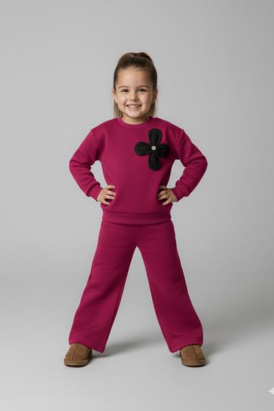 4 YAPRAKLI ÇİÇEK 3 İP ŞARDONLU KIZ TARZ TAKIM  Fuşya