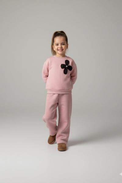 4 YAPRAKLI ÇİÇEK 3 İP ŞARDONLU KIZ TARZ TAKIM  Pudra