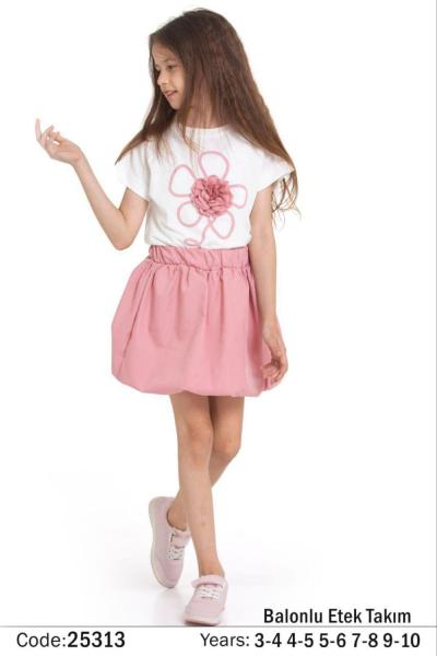 ÖNÜ 3 BOYUTLU ÇİÇEKLİ BALON ETEKLİ TAKIM  Pembe