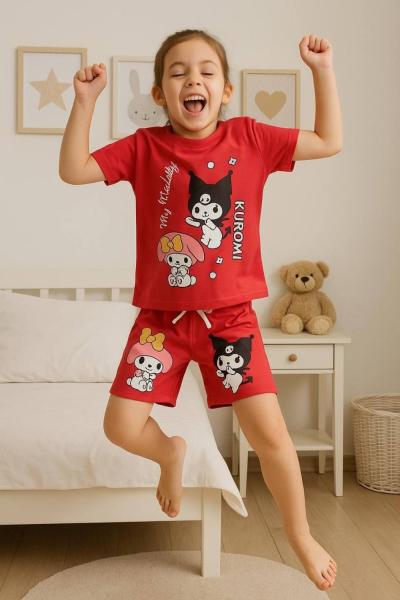 KUROMİ DESENLİ ŞORTLU KIZ TAKIM  Fuşya