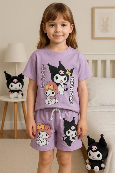 KUROMİ DESENLİ ŞORTLU KIZ TAKIM  Lila