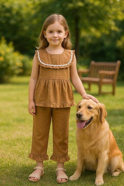 BEBE YAKA NAKIŞLI SIFIR KOL KETEN TAKIM  Bej