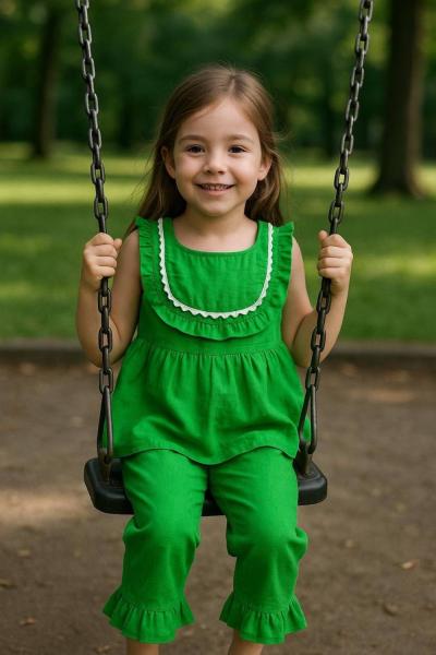 BEBE YAKA NAKIŞLI SIFIR KOL KETEN TAKIM  Koyu Yeşil