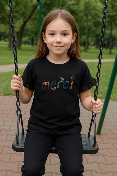 MERCİ KOLLARI FIRFIR KIZ TİŞÖRT  Siyah