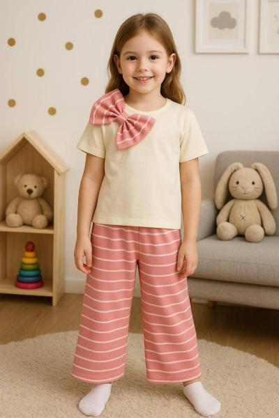 YAKASI FİYONKLU PANTOLONU ÇİZGİLİ İSPANYOL TAKIM  Pembe