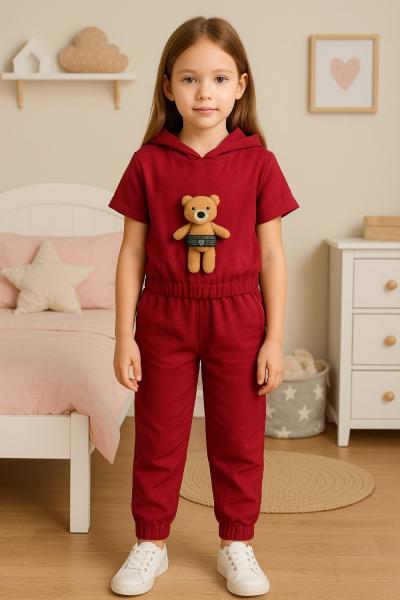 ÖNÜ AYICIKLI PAÇASI LASTİKLİ KETEN TAKIM Kırmızı