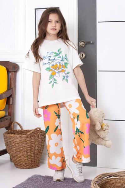 BLOOM YAZILI ÇİÇEKLİ KIZ İKİLİ İSPANYOL TAKIM  Turuncu