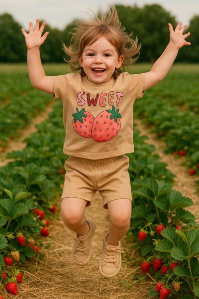 SWEET ÇİLEKLİ ŞORTLU KIZ TAKIM  Bej